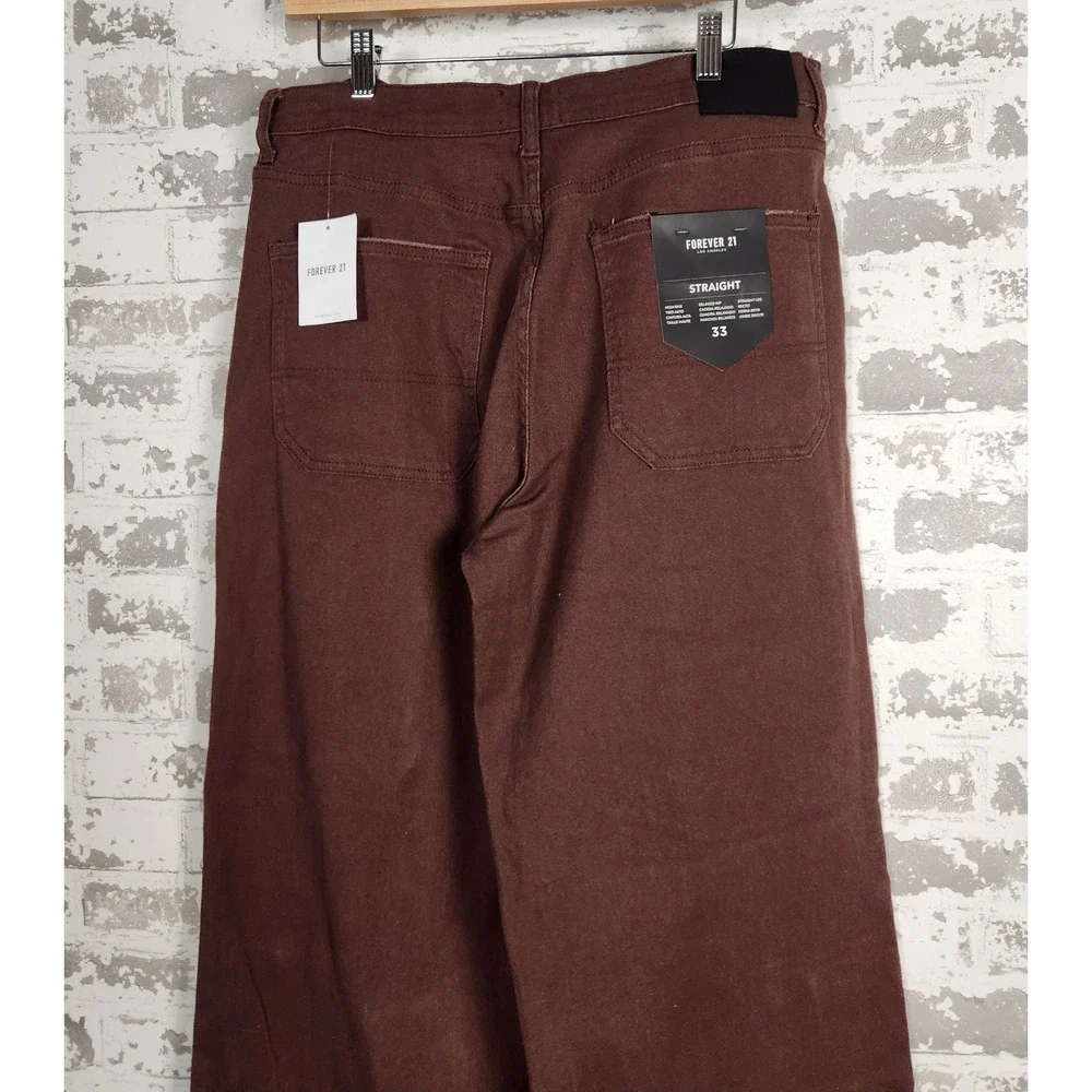 Forever 21 Cargo Pants Denim Dark Cocoa Straight Leg Distressed High Rise Casual